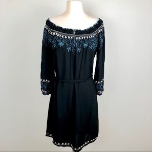 Lucky Brand Black Dress Embroidered Boho Dress